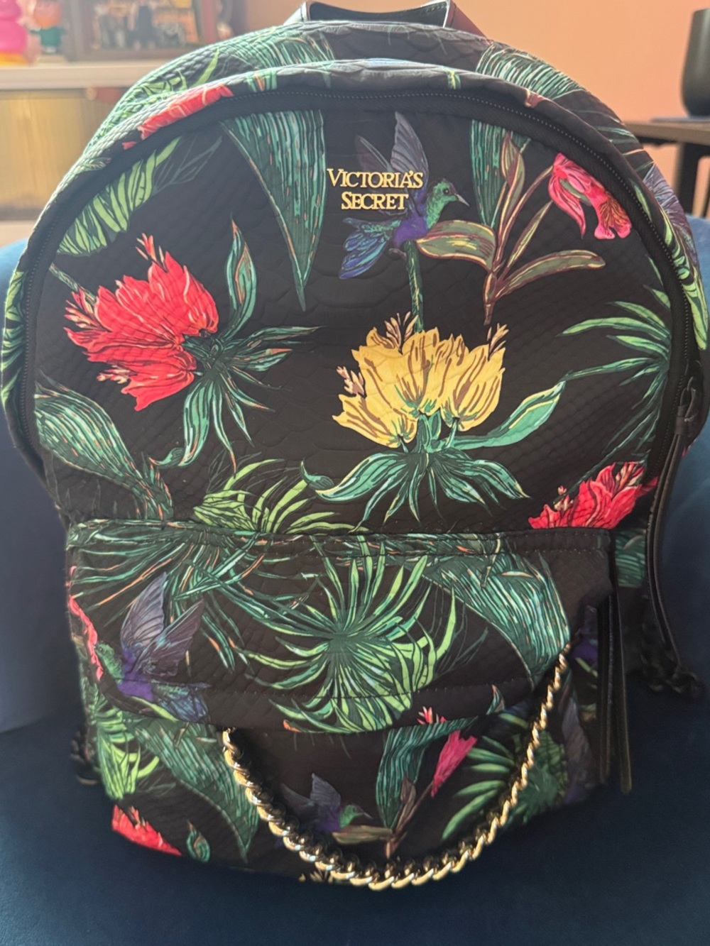Victoria's Secret Black Floral Quilted Backpack with Gold Chain